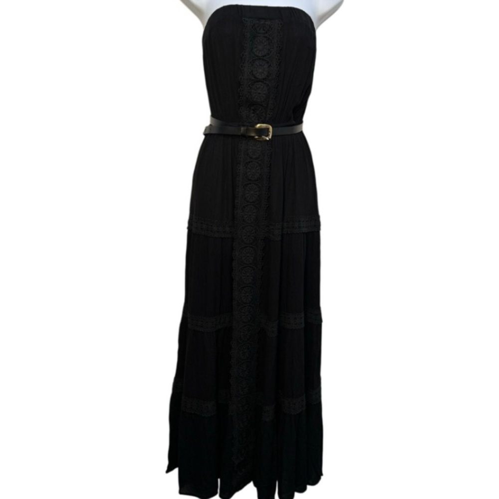 Faded Rose Womens Strapless Maxi Dress Black Crochet Lace Trim Tiered Boho NWT